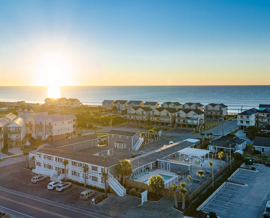 Aerial view of Loggerhead Inn with pool in Surf City